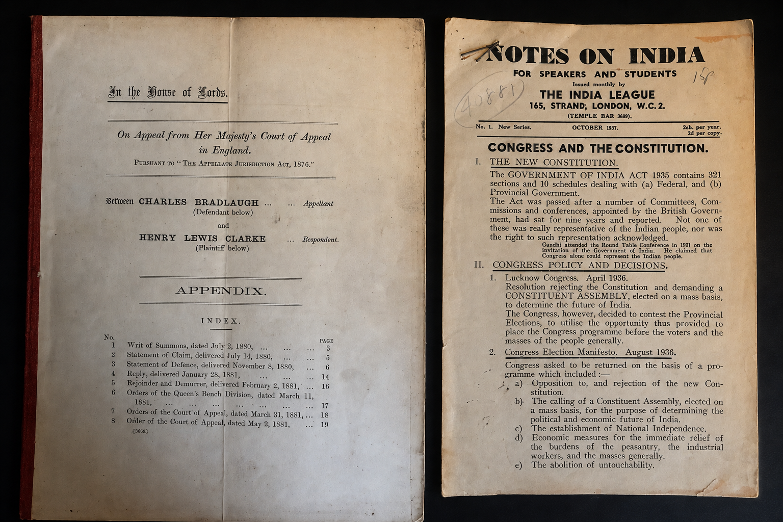 Editorial pairing of the Bradlaugh appeal appendix and the India League pamphlet