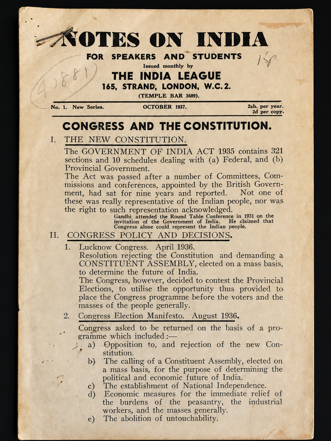 First page of the October 1937 India League Notes on India pamphlet