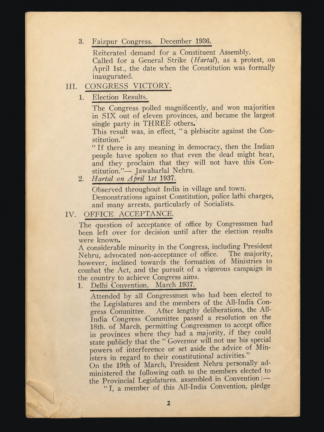 Interior page of the India League pamphlet discussing Congress victory and office acceptance