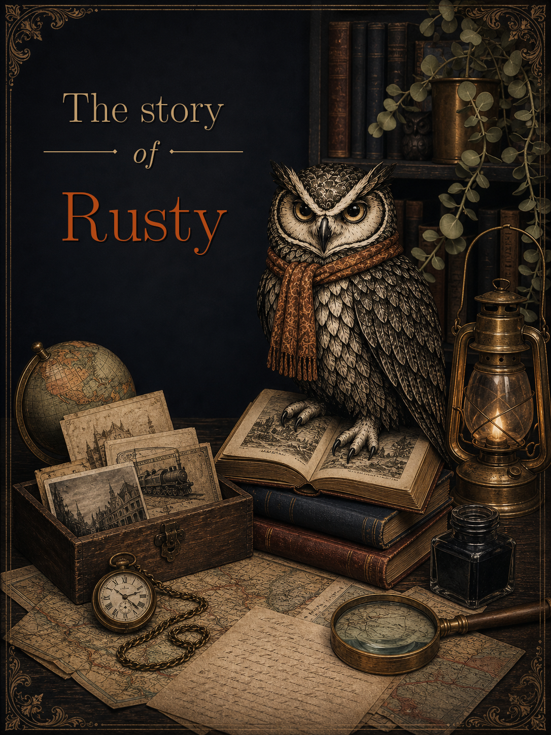 Illustrated Rusty owl in a patterned scarf among a dark vintage bookcase, globe, tickets, maps, books, lantern, ink bottle, pocket watch and magnifying glass.